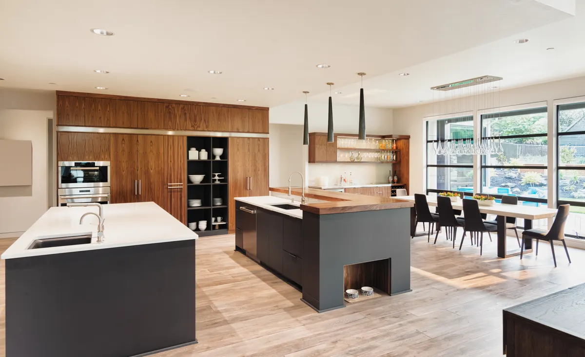 Open kitchen with wood cabinets